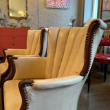 Pair Of Cream Vinyl Mahogany Wingback Armchairs
