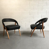 Italian Mid Century Modern Black Vinyl Lounge Chairs