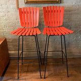Slat Maple And Wrought Iron Bar Stools By Arthur Umanoff