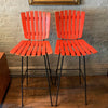 Slat Maple And Wrought Iron Bar Stools By Arthur Umanoff