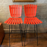 Slat Maple And Wrought Iron Bar Stools By Arthur Umanoff