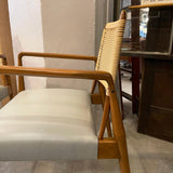 Pair Of Italian Mid Century Modern Rattan Leather Armchairs