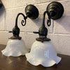 Industrial Blackened Nickel and Milk Glass Wall Sconce Lamps