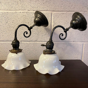 Industrial Blackened Nickel and Milk Glass Wall Sconce Lamps