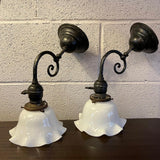 Industrial Blackened Nickel and Milk Glass Wall Sconce Lamps