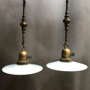 Ornate Milk Glass and Brass Pendants