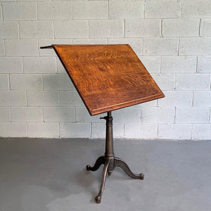 Large Antique Industrial Oak Artist Rendering Easel with Cast Iron Pedestal Base