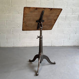 Industrial Antique Oak Artist Rendering Easel With Cast Iron Base
