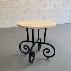 Round Travertine And Wrought Iron Side Table