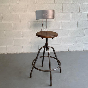 Industrial Brushed Steel And Maple Drafting Stool