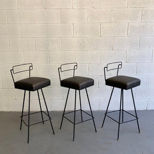 Pair Of Mid-Century Modern Wrought Iron Swivel Bar Stools