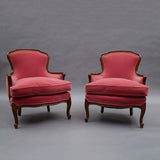 Carved Mahogany Velvet Armchairs